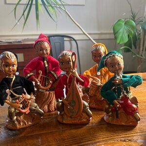 Tilso Pixie Elf Musicians Rubber Figures Hong Kong Set of 5 Vintage 7”H